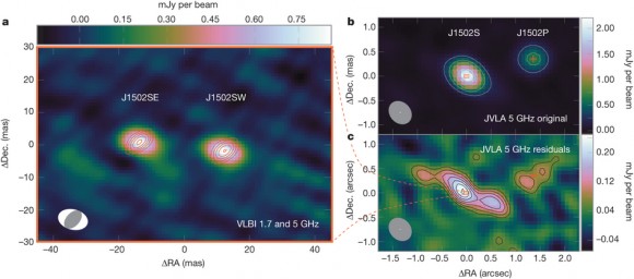 Dibujo20140628 VLBI and JVLA maps of the triple supermassive black hole system in J15021115 - nature13454-f1