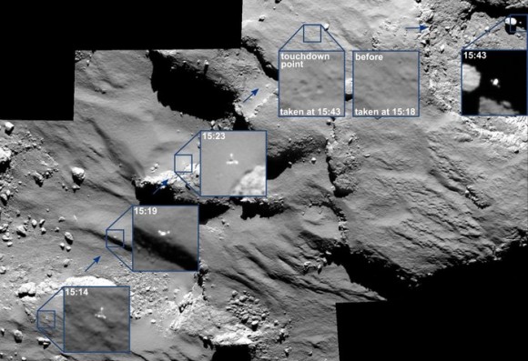 Dibujo20141117 Rosetta OSIRIS camera spots Philae drifting across the comet - esa int