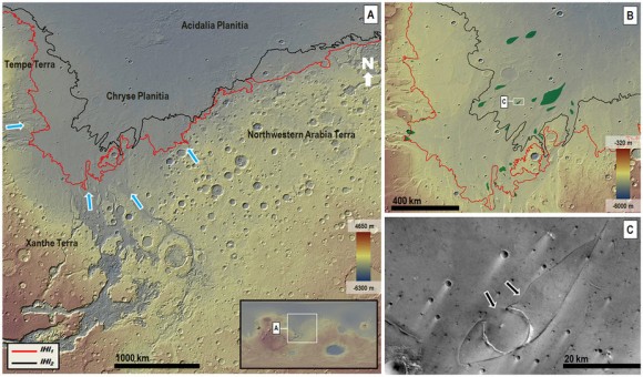 Dibujo20160522 Tsunami waves extensively resurfaced the shorelines of an early Martian ocean srep25106-f1