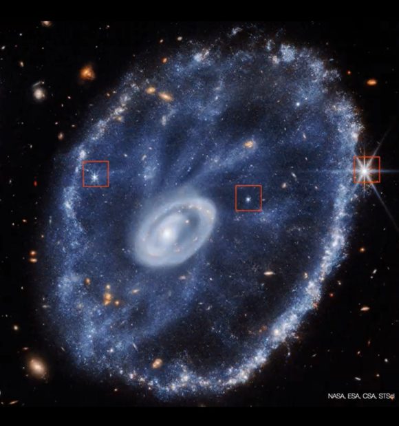 El movimiento de seis estrellas en las imágenes de Hubble y Webb de la galaxia Rueda de Carro
